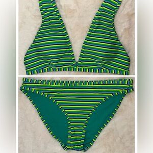 Aerie Striped Bikini SET Triangle Top L & Bikini Brief S Women’s Green & Blue